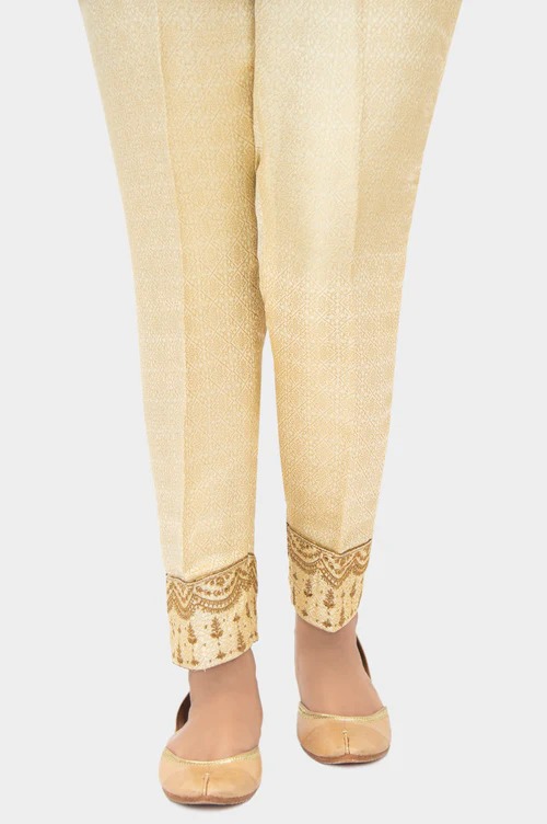 Embroidered Jamawar Cigarette Pants - Golden
